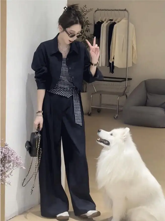 

Slimming Three-Piece Set Women's Jacket High Waist Belted Crop Top And Long Pants Autumn Fashion Outerwear Ladies Ensemble