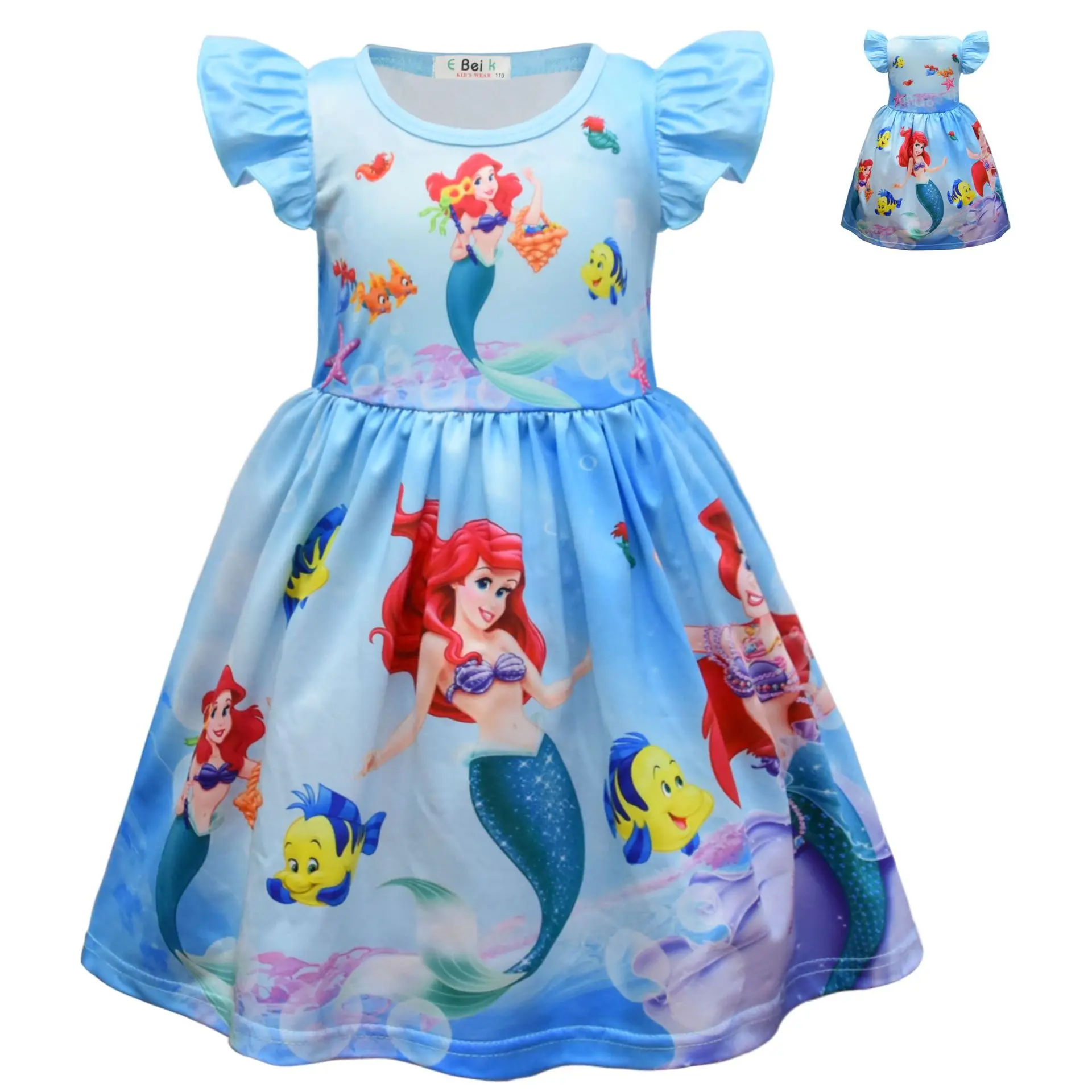 Disney Princess Children\'s Mermaid Skirt Girl Flying Sleeve Skirt Cute Girl Dress Birthday Party Gift for Children Kids Clothes