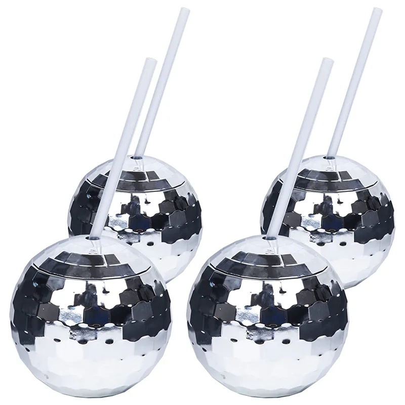 4PCS Disco Ball Cups Unique Cocktail Glasses Bar Tools Party Glasses Flashlight Straw Wine Goblets Drink Cups Silver