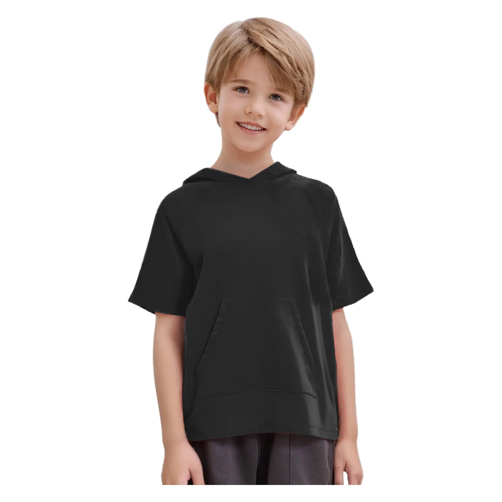 

Kids Boys Girls Hooded T-shirt with Pocket Light Weight Short Sleeve Hoodie Casual Solid Pullover Children Tops for Daily Wear