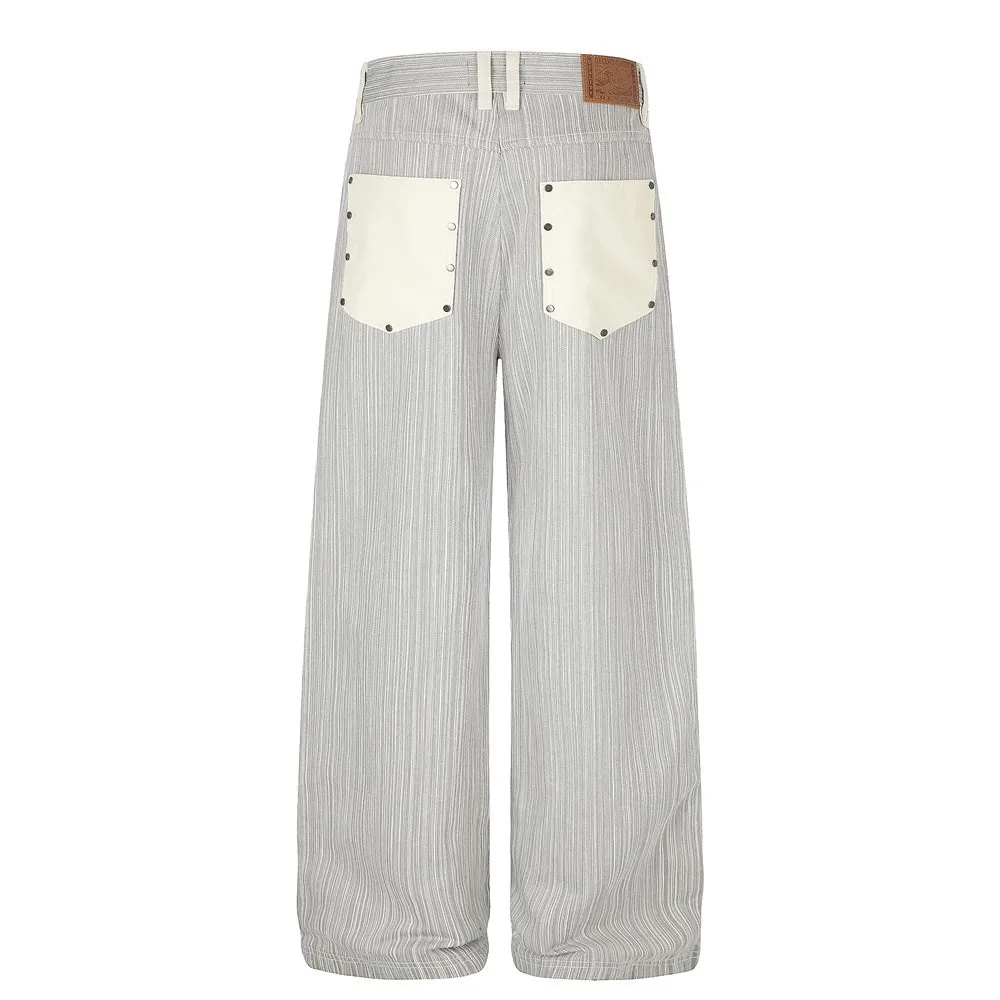 MWJLPWQ American Retro Vertical Striped Casual Straight Pants Men Trendy Street Style Contrasting Color Pockets Trousers 20964