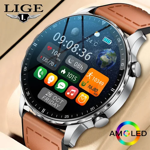 LIGE, nuevo reloj inteligente con correa de cuero magnética, Monitor de salud para hombres, relojes para hombres, llamadas Bluetooth, reloj inteligente deportivo para Android ios