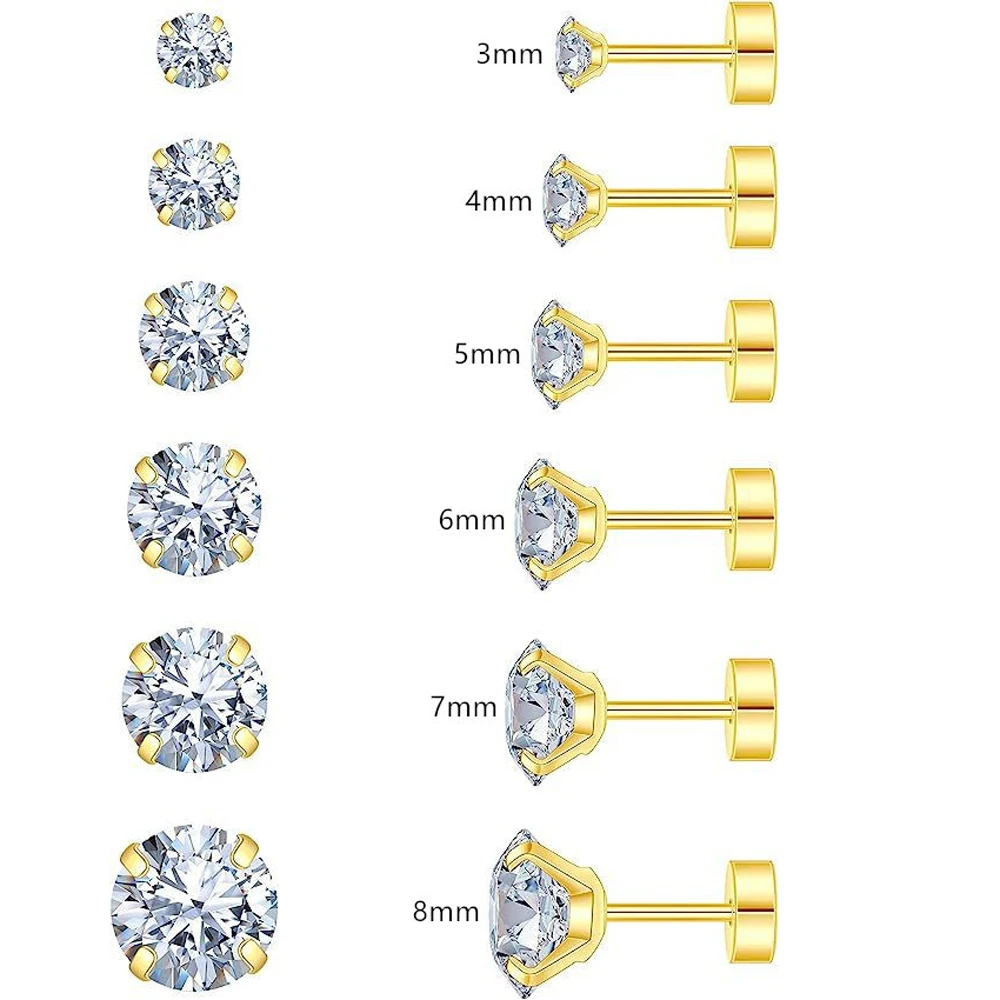 

Позолоченные хирургические серьги из нержавеющей стали 18 карат для женщин, мужчин и девочек, 3-8 мм, 5А, серьги-гвоздики с кубическим цирконием, 1 или 6 шт.