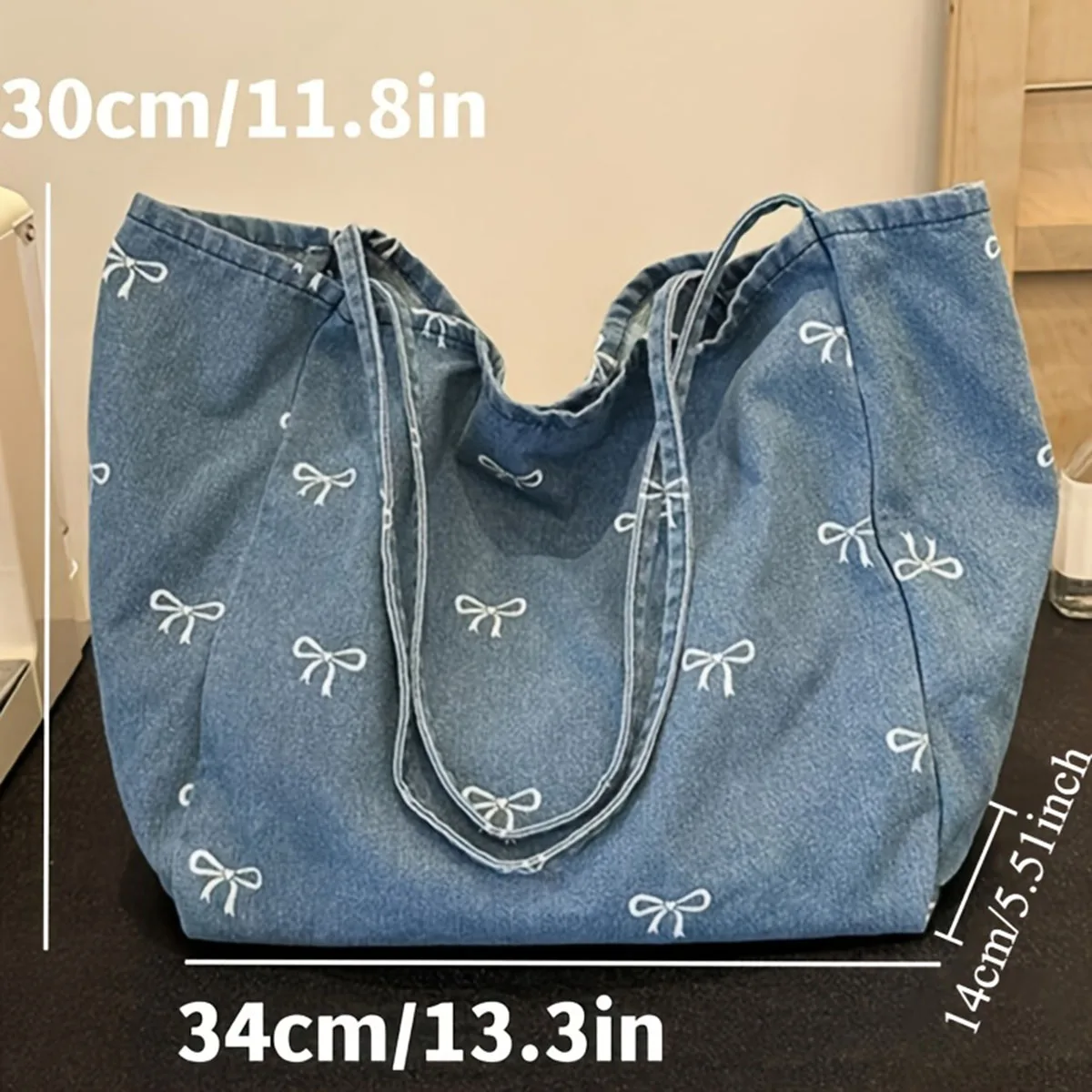 Bolsa de lona jeans de alta qualidade, arco feminino, sacola doce e versátil, bolsa casual de ombro único de grande capacidade