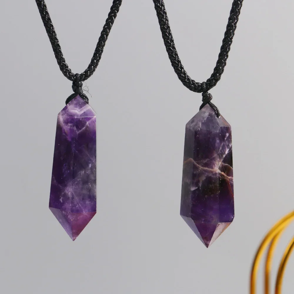 Natürliche Traum-Amethyst-Halskette, Schmuck, sechseckiger Doppelpunkt-Anhänger, heilender lila Kristallquarz, Energiesäule, Edelstein-Geschenk