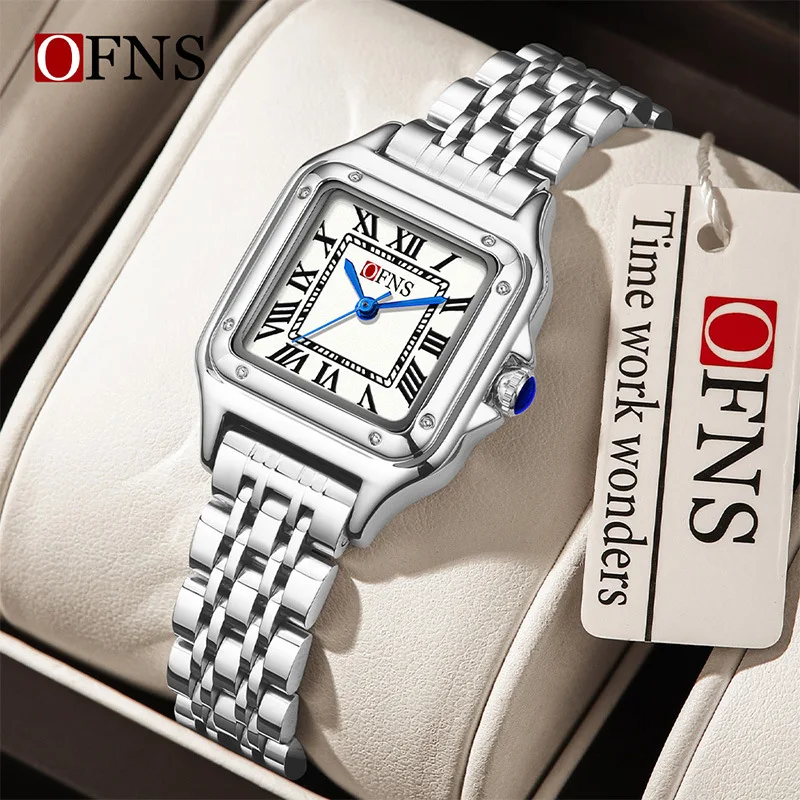 OFNS Square Couple Quartz Watch Roman Scale 3ATM Waterproof Steel Belt Watch Simple and Elegant Confession Commemorative Gift