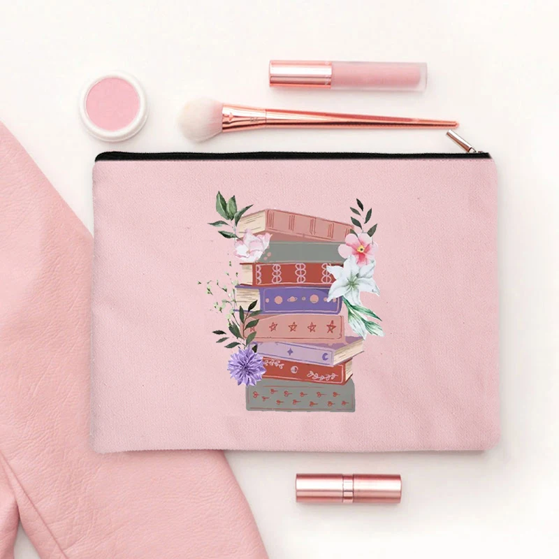 Bolsa de maquiagem feminina com estampa de flores e livros, bolsa cosmética de lona para amantes de livros, bolsa de higiene pessoal de grande capacidade