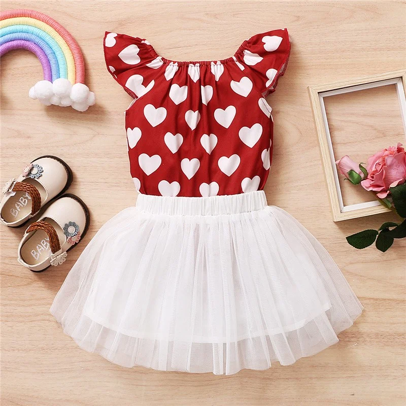 Baby Girl 2PCS Clothes Set Heart-Shaped Print Flutter Sleeve Romper+Gauzy Skirt Cute Summer Outfits for Toddler Girl 3-24 Months