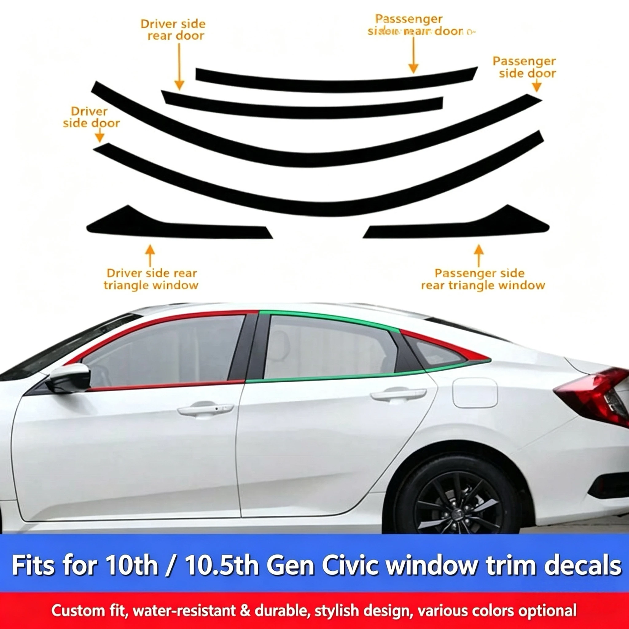 

Наклейки на окна с эффектом черного хрома для Honda Civic 10-го поколения, аксессуары для модификации кузова автомобиля, глянцевые декоративные полосы Mura