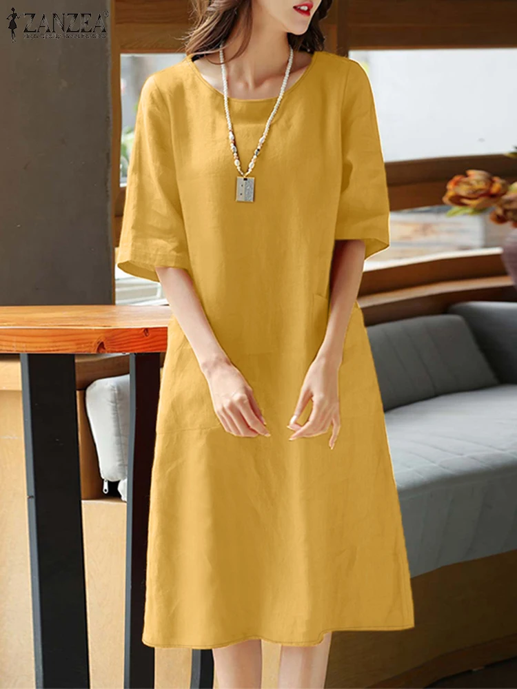 ZANZEA Autumn Cotton Linen T-Shirt Dress Women Casual O-Neck Half Sleeve Knee-Length Robes Femme Everyday Wear Solid Vestidos
