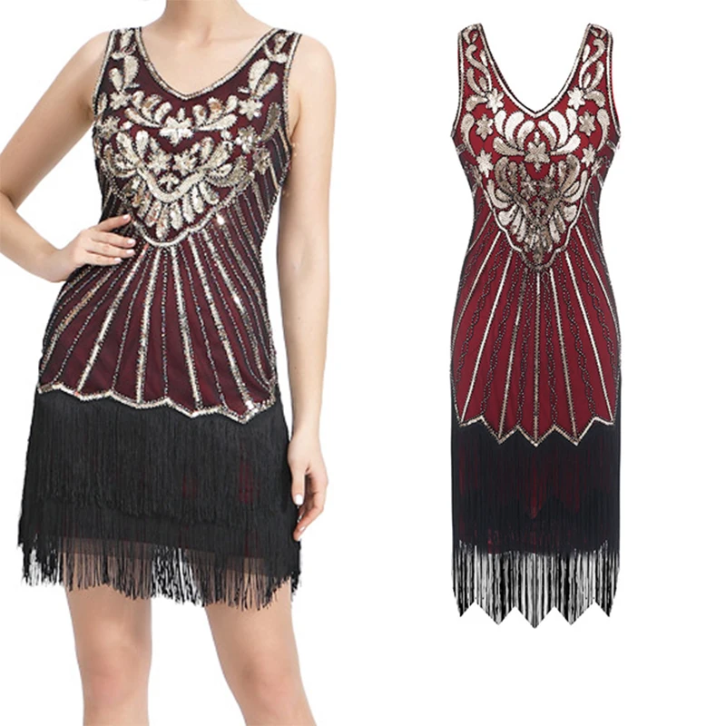 

Women 1920s Flapper Dress Great Gatsby Dress O-Neck Cap Sleeve Sequin Fringe Party Midi Dress Vestido De robe