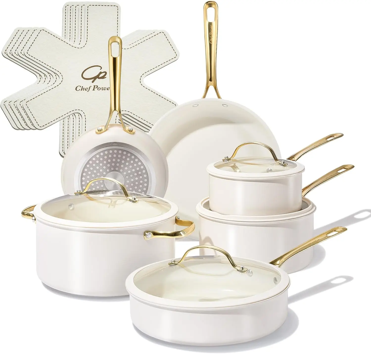 

Набор керамической посуды из 15 предметов, антипригарные кастрюли и сковороды с ручками из нержавеющей стали, подходят для мытья в посудомоечной машине и использования в духовке, кремово-белый цвет