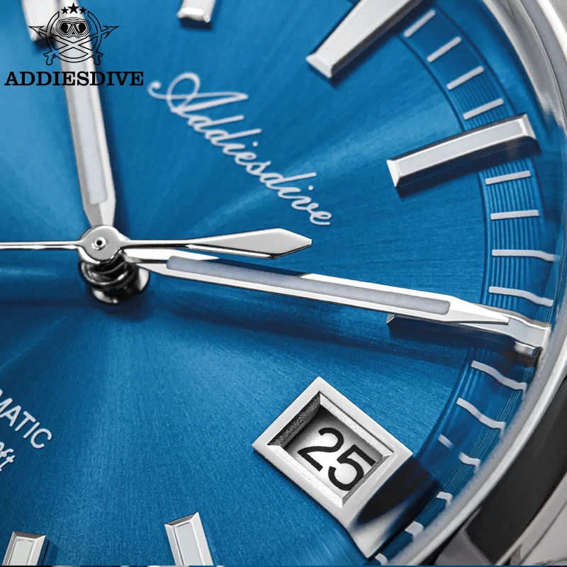 Orologio ADDIESDIVE Nuovo quadrante blu Sunburst Orologio automatico di lusso NH35 AD2077 Orologio da polso da uomo impermeabile in acciaio inossidabile da 100 m