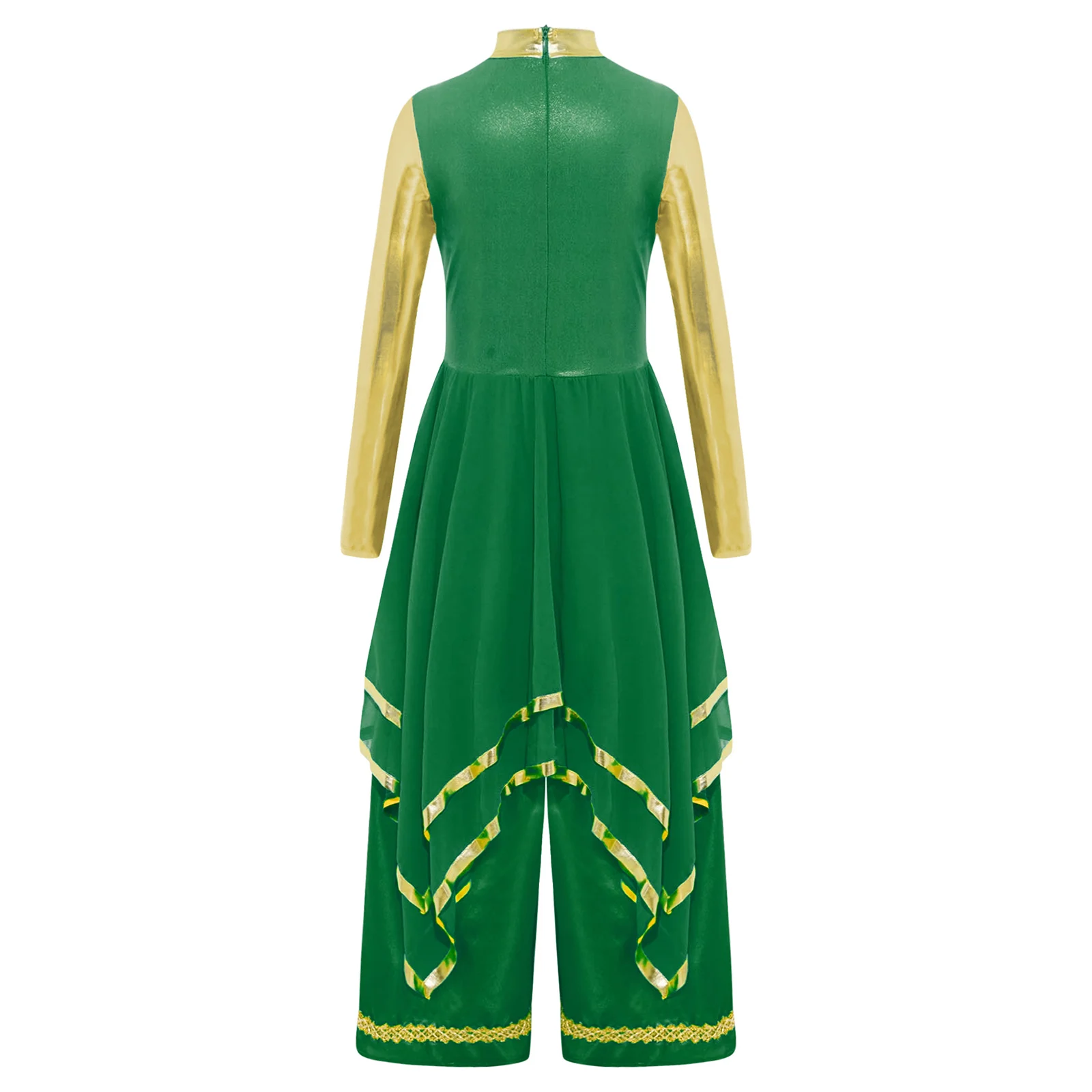 Kids Girls Worship Liturgical Praise Dance Dress Long Sleeve Gold Trim Metallic Color Block Irregular Hem Wide-Leg Pants Dress