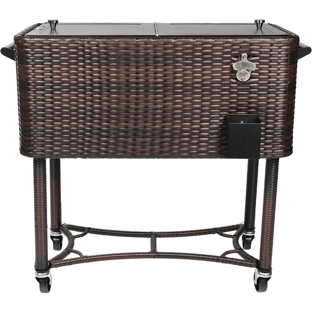 80-Qt Party Ice Cooler Table with Wheels and Handles, Hand-Woven Wicker, Outdoor Ice Cooler Table