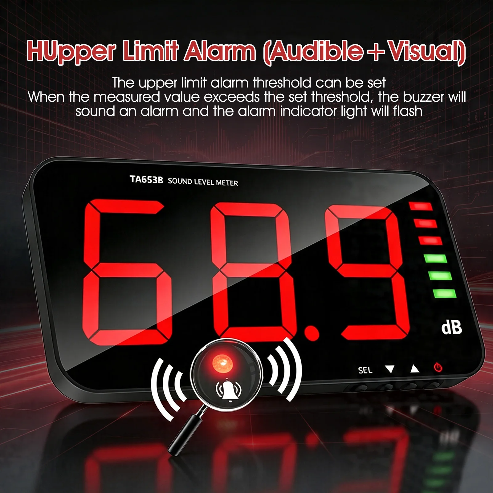 Wall Mount Sound Level Meter with Data Logger 16.4ft Remote Sensor Alarm Buzzer 1-Year Data Storage USB Export Home