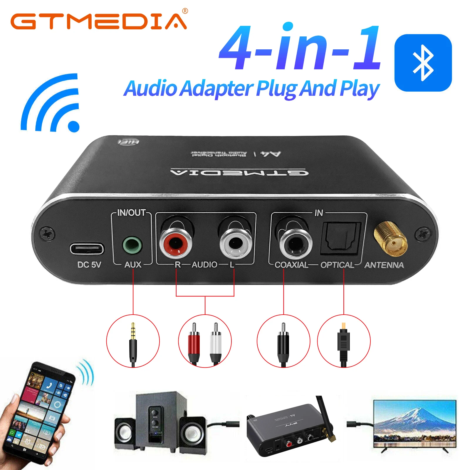 

GTMEDIA Bluetooth 5.1 Audio Receiver DAC Coaxial Digital To Analog Converter 3.5mm AUX RCA U-Disk Jack Stereo Wireless Adapter