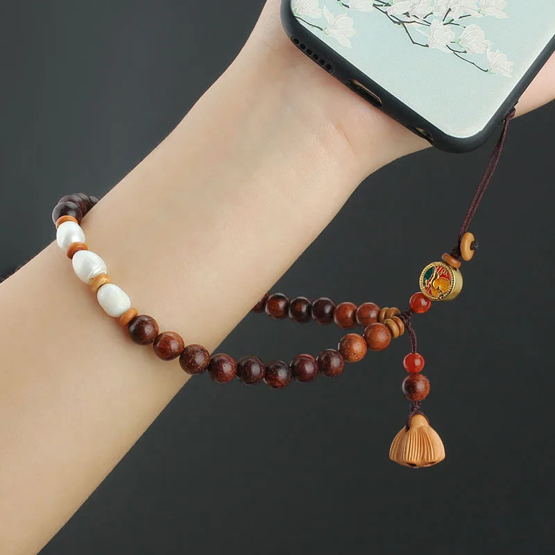 DIY accessories Chinese style mobile phone lanyard wrist rope wooden beads all the way blessed short Buddha beads mobile phone a