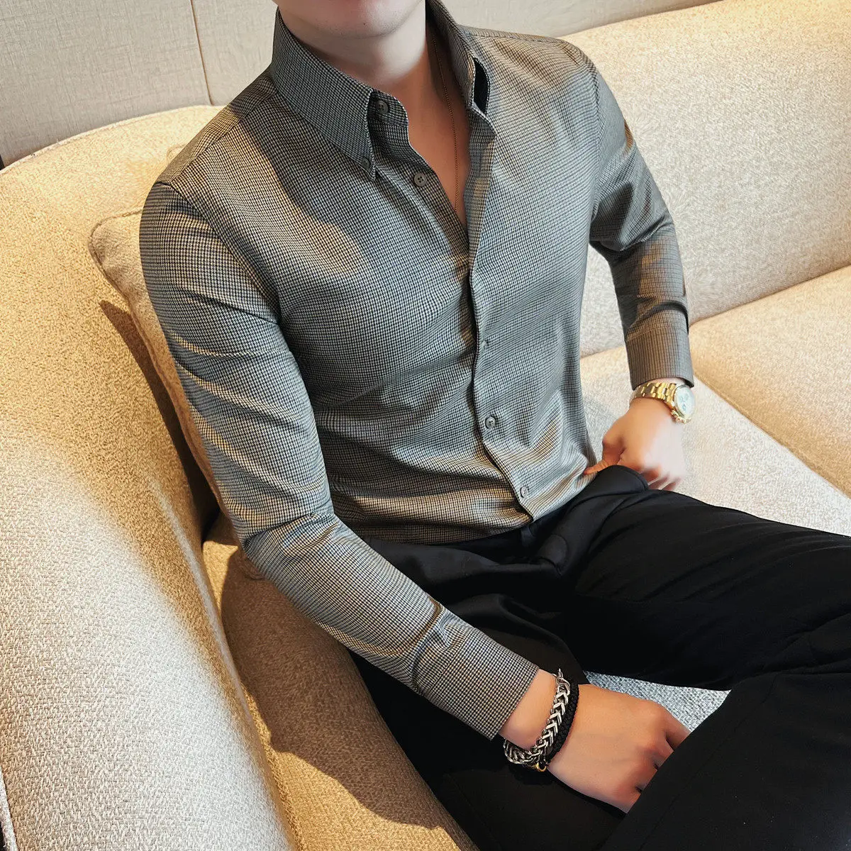 

High Quality Plaid Long Sleeved Shirt Men Non Ironing Casual Business Dress Shirt Pointed Collar Social Office Uniform Shirts