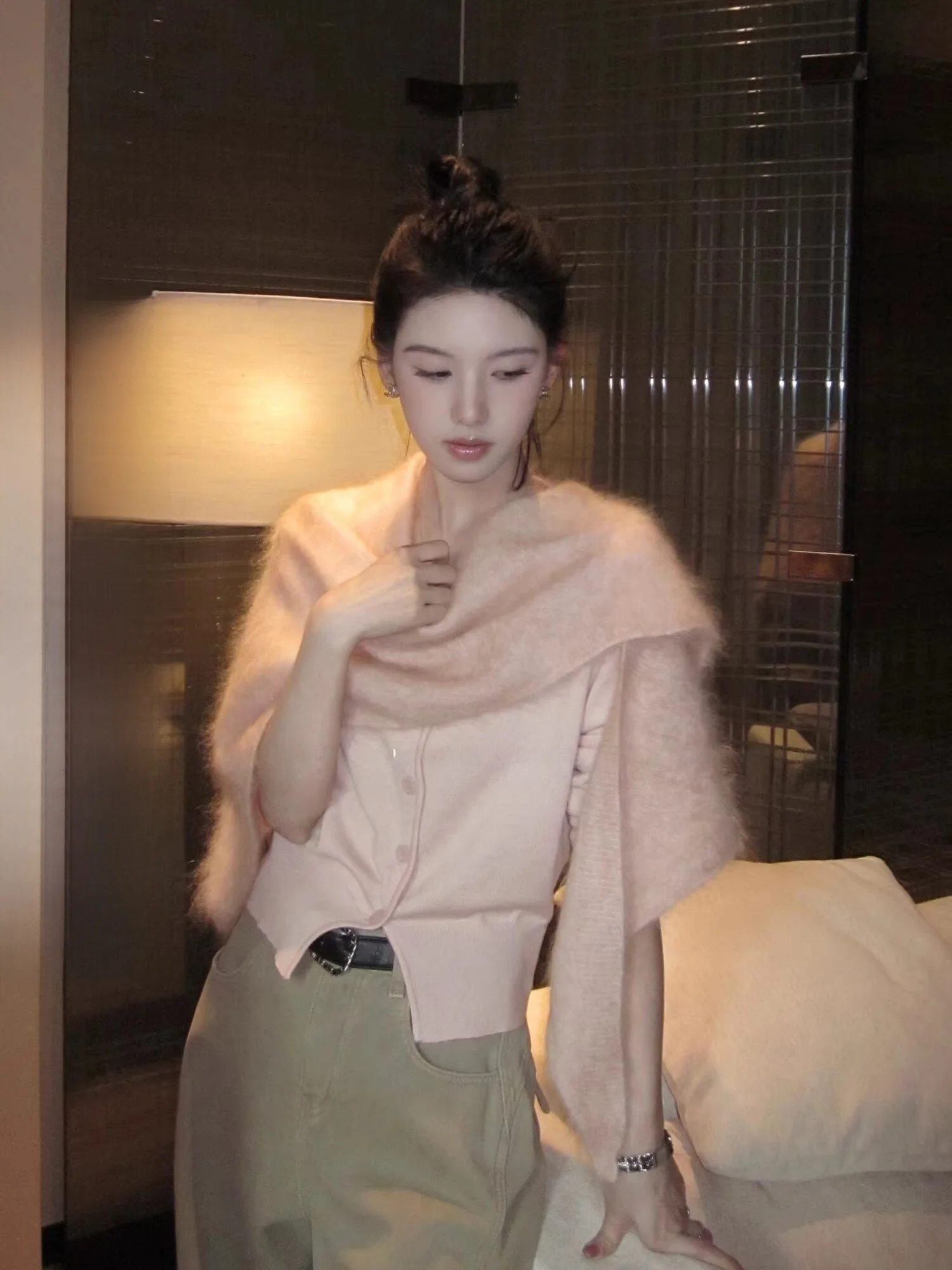 

Sweet Dr V-Ne Knitted Sweater Women's Inner Wear Pink Top Soft Polyester Fiber Long Sve Regular Fit Casual Wear