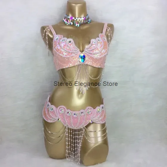 High Quality Women's Beaded Crystal Belly Dance Costume Wear Bar+Belt +Necklace 3pcs Set Sexy Bellydancing Costumes