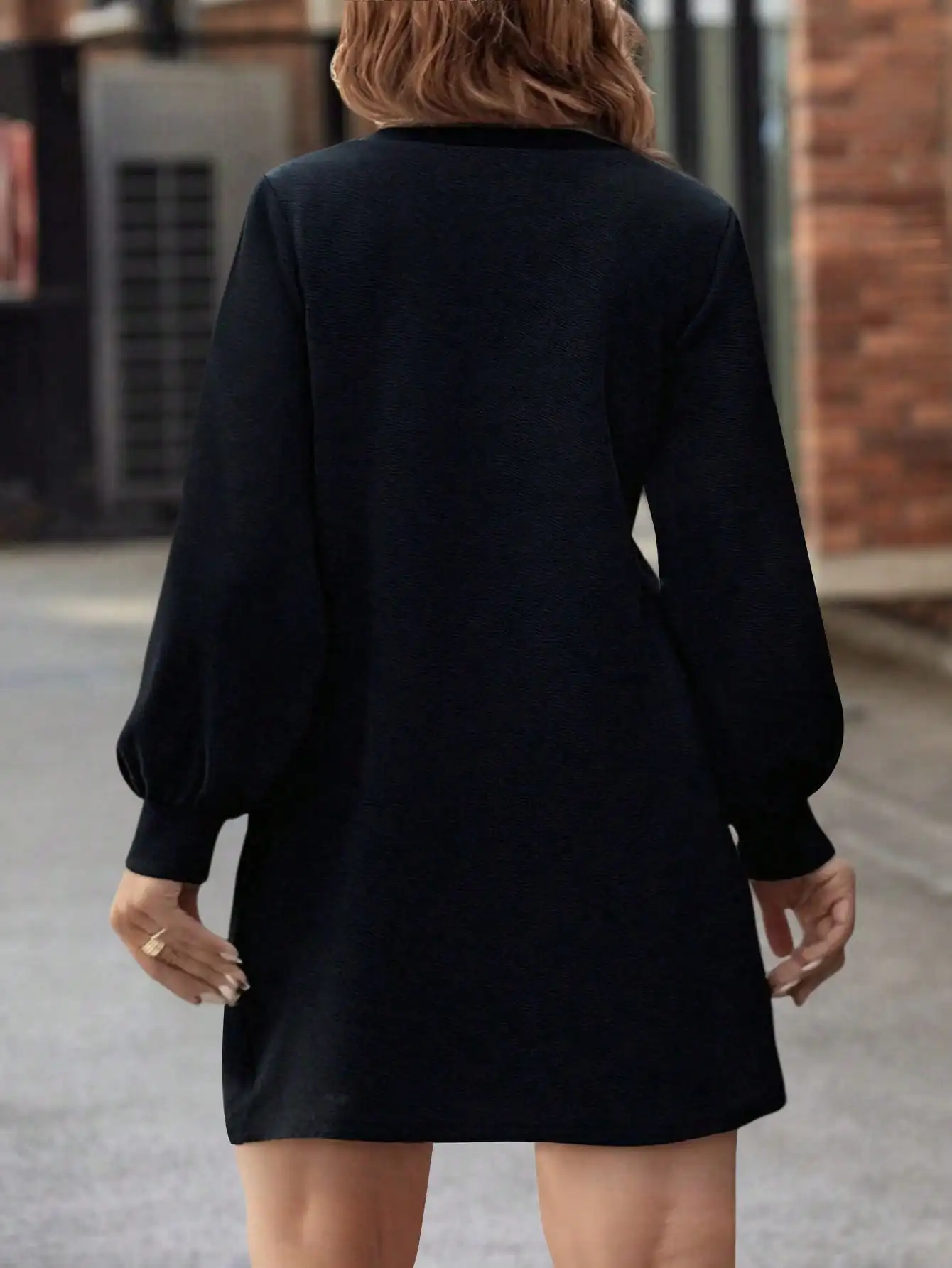 여성용 V넥 긴팔 플러스 사이즈 캐주얼 드레스 - 블랙 미니멀리스트 가을 겨울 스타일