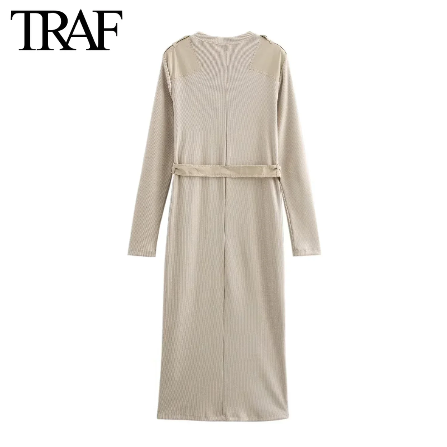 TRAF Dress for Women Fashion Autumn Winter New French Elegant Knitted Belt Splicing A-line Long Dresses Chic Female Evening