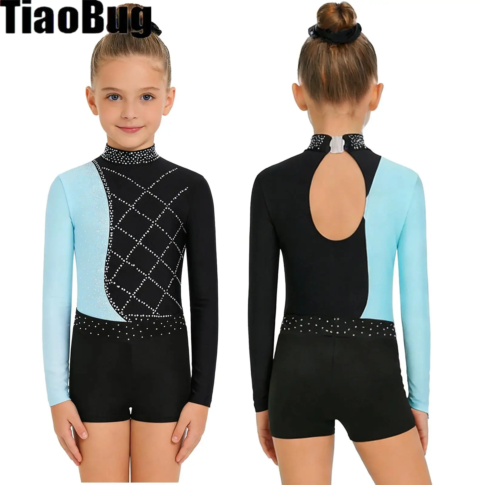 

Детский танцевальный костюм для девочек с цветными блоками, блестящими стразами, вырезом на спине, шортами и повязкой для фигурного катания