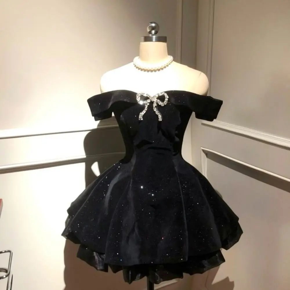 Chic Velvet Off Shoulder Mini Dress Strapless Puff Ball Gown Women Elegant Bowknot Formal Party Evening Cocktail Outfits