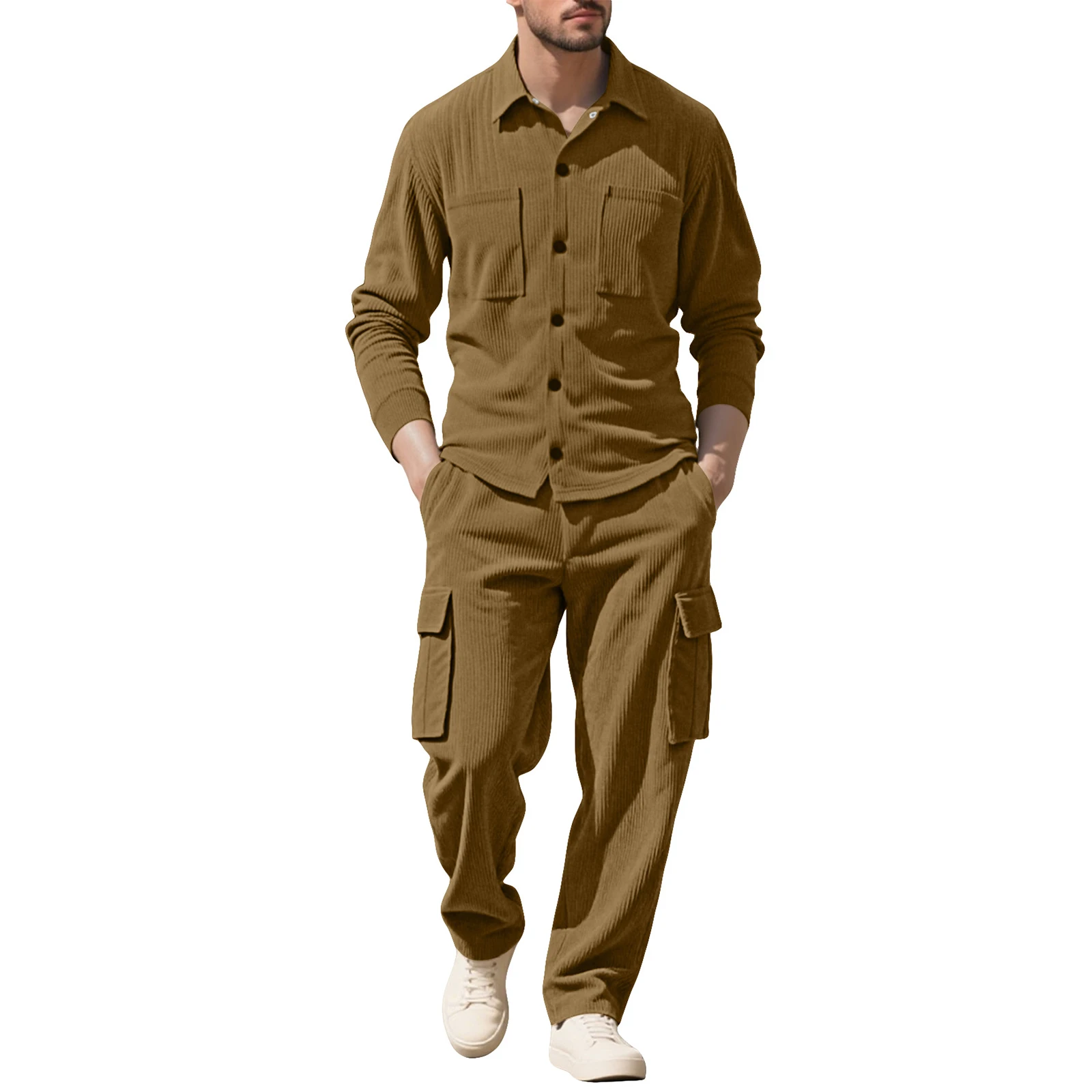قميص رجالي بأكمام طويلة بنطلون عمل سروال قصير وبدلة غير رسمية للرجال للخريف والشتاء طباعة دافئة فضفاضة قطيفة سميكة #5