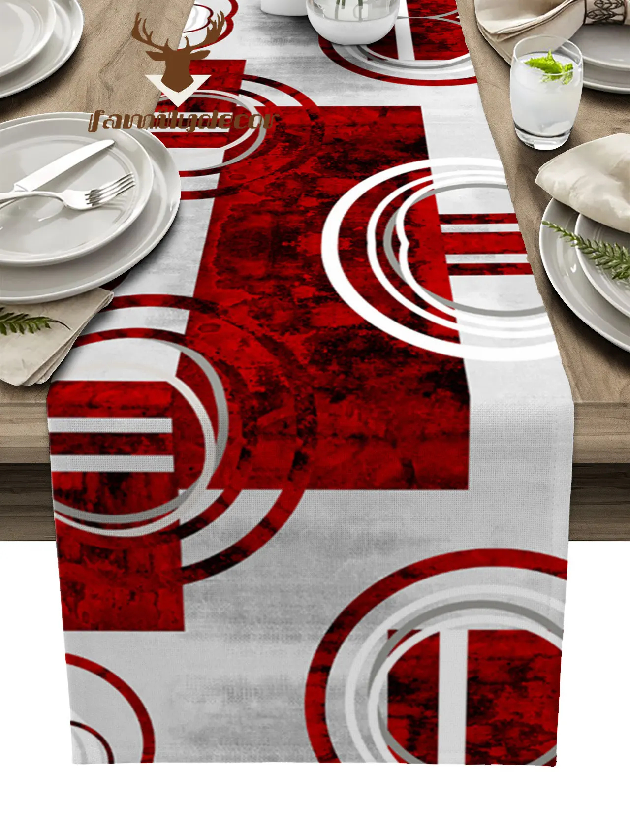 Abstract Retro Geometric Marble Texture Red Table Runner Home Wedding Table Mat Centerpieces Decoration Dining Long Tablecloth