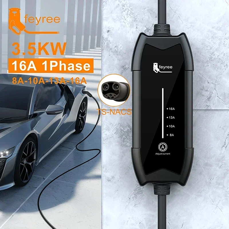 feyree Portable EV Charger 3.5KW Charging Station 16A Adjustable Current Fast Charging with NACS Plug Compatible for Tesla Cars