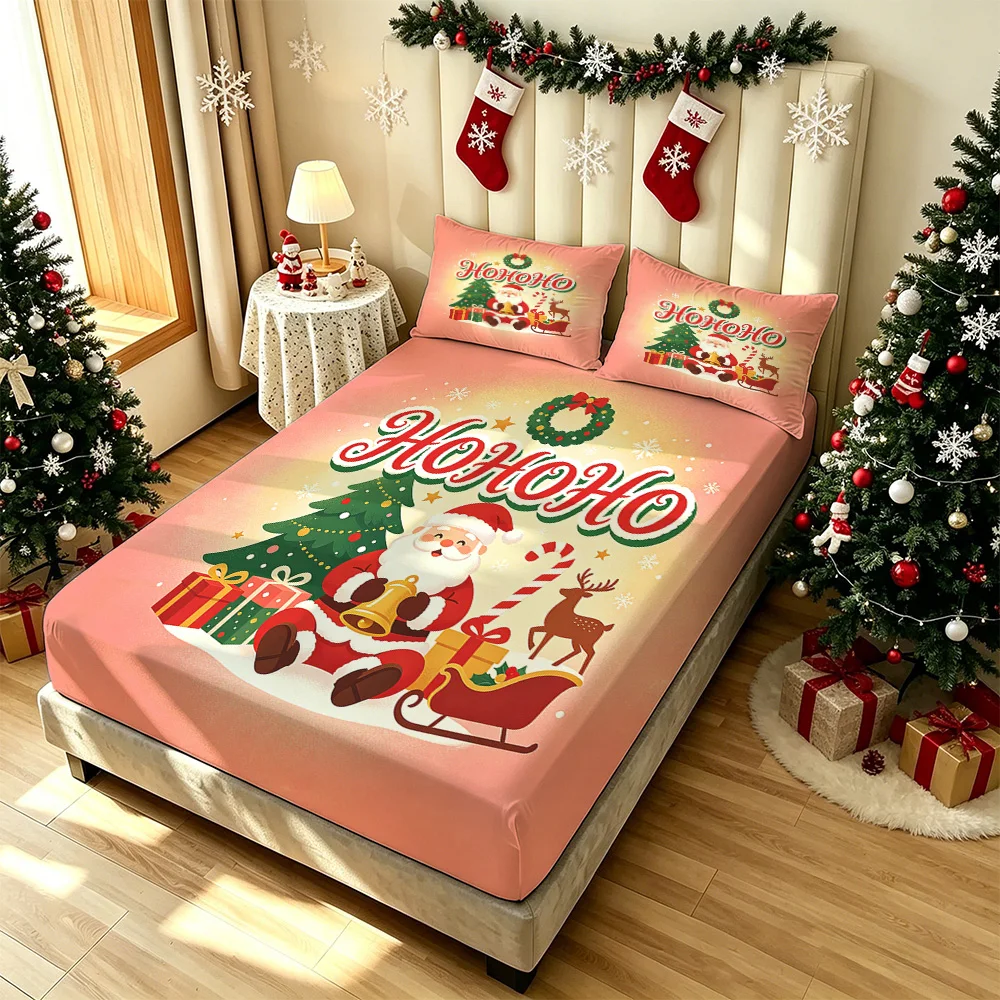 3PCS Santa Claus HOHOHO Sleigh Gift Bedding Set 1 Bedspread 2 Pillowcases No Insert Soft Machine Washable Christmas Bedroom H
