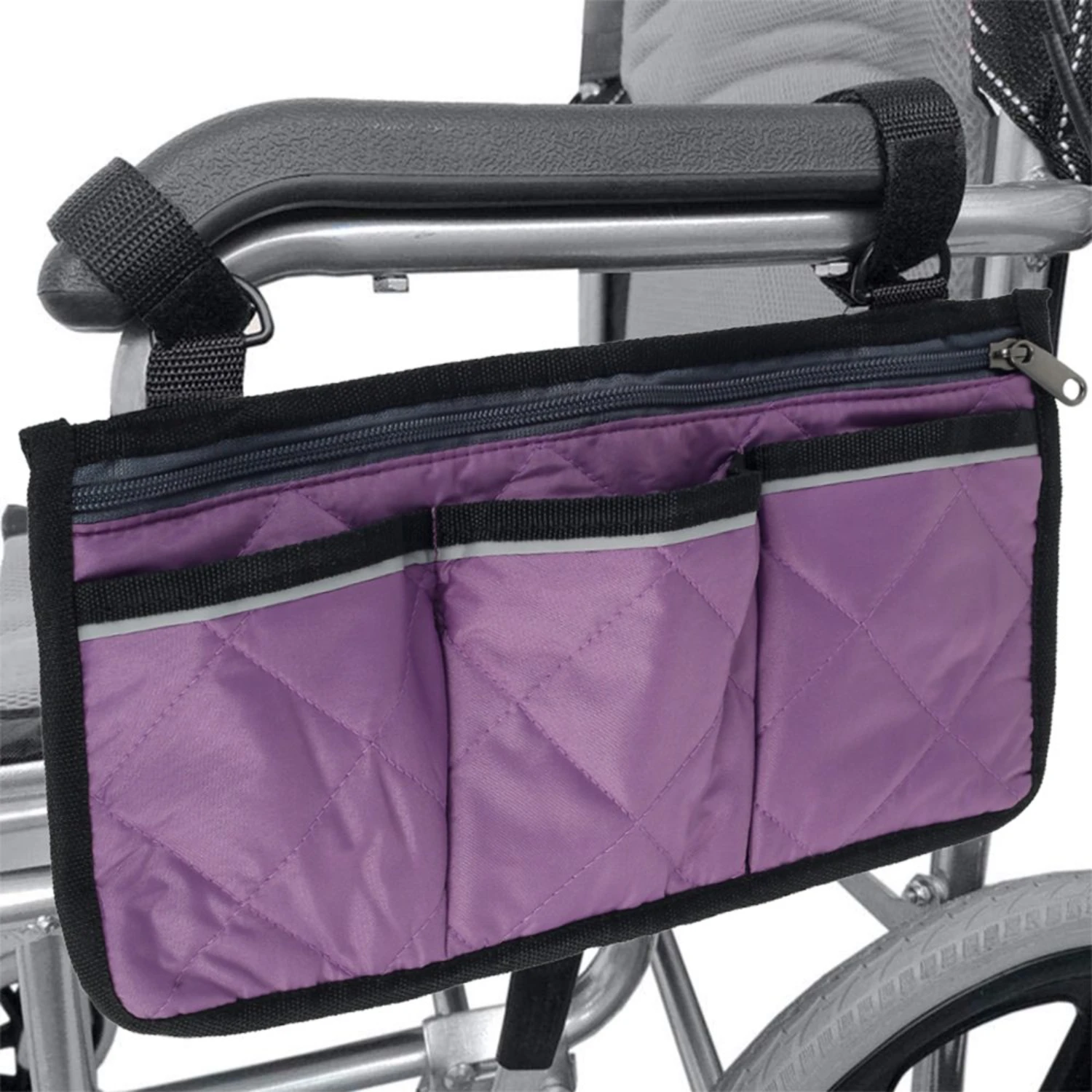 Wheelchair Armrest Side Bag Walker Accessory Organizer Bag with Reflective Stripes Waterproof Storage Pouches for Any Wheelchair