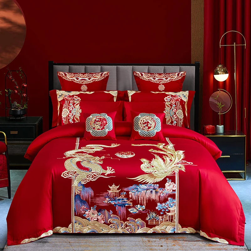 

High-end Loong Phoenix Embroidery Duvet Cover Set Red Egyptian Cotton Bed Sheet Pillowcases Chinese Wedding Bedding Set Luxury