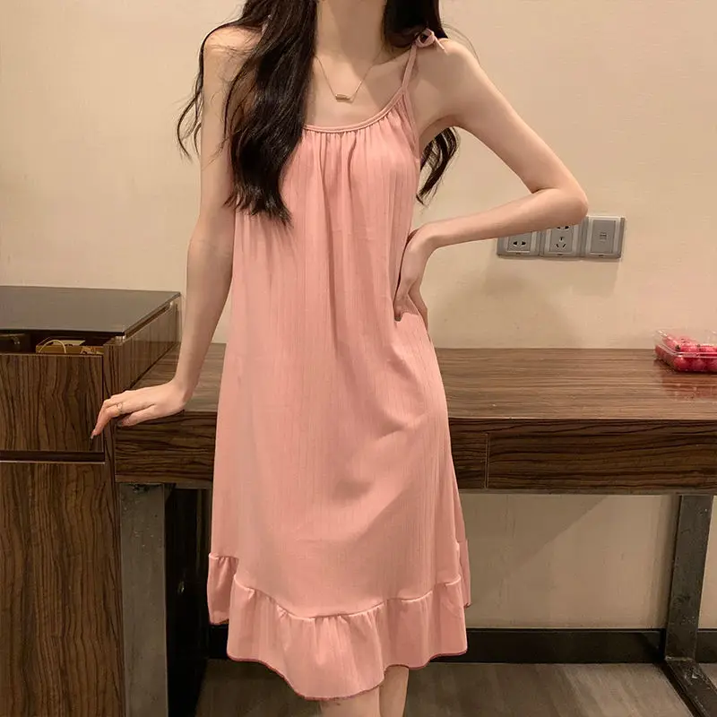 Slip Nightdress Female Summertime Thin Pure Cotton New Style Simple Pure Lust Style Simple Round Neck Nightdress Solid Color