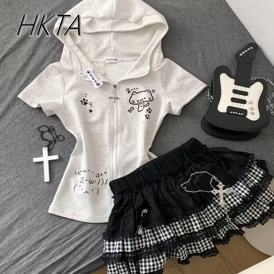 

Japanese Sweet Cute Babes Slim Top Suit Women Subculture Versatile Cartoon Print Hooded Short-sleeved Tops Plaid Short Skirts