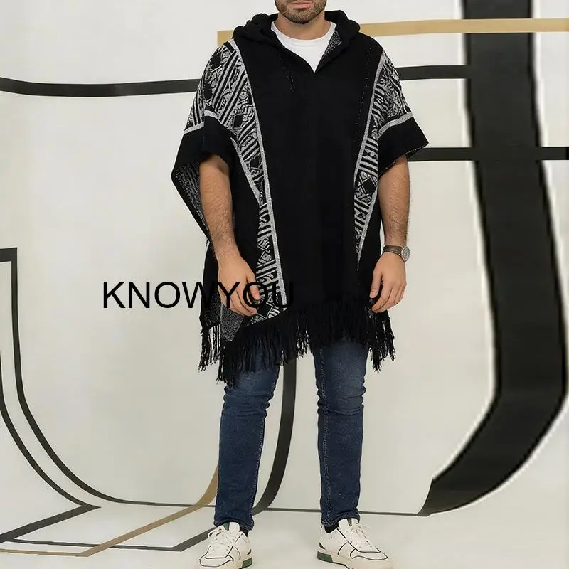 

Men Cape Adult Outdoor Shawl Knitted Vintage Ethnic Style Pashmina Printed Poncho Windbreaker Ladies Hooded Cloak Jackets