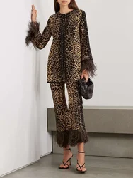 Bonboho 2024 Autumn New Leopard Print Long Sleeve Suit dla kobiet Okrągły dekolt Długi rękaw Topy i spodnie z wysokim stanem Dwuczęściowy zestaw