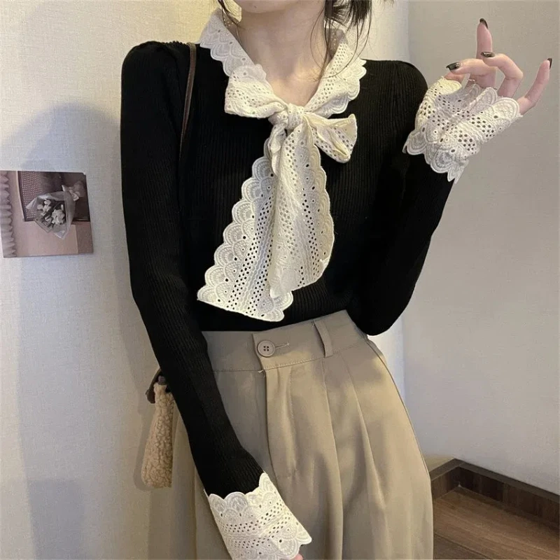 Lace Patchwork Sweet Knitted Sweater for Women Spring Autumn New Bow Bandage Slim Korean Pullovers Top Fashion Elegant Clothing