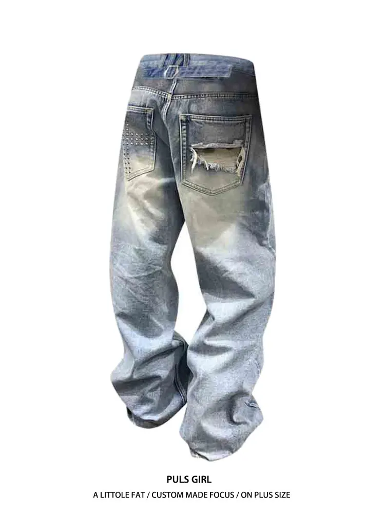 

Retro American Large Size Jeans Women's Loose Wide Leg Pants High Waist Casual Style Water Washed Rivet Cross Design Trendy