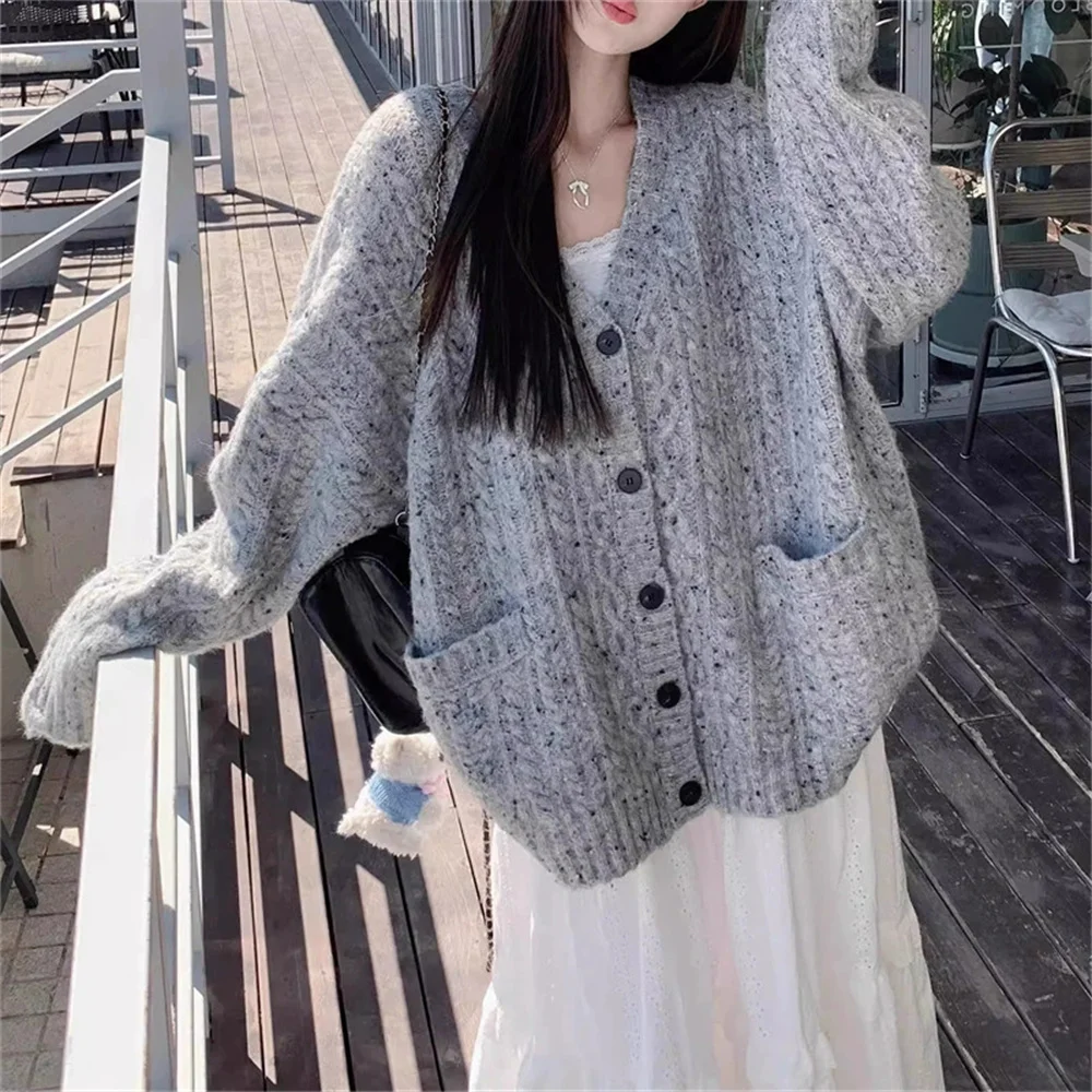

2026 Korean Style Soft V-neck Knitwear Outerwear Women's Loose Slimming Cardigan Autumn Winter New Style Fashionable Clothes