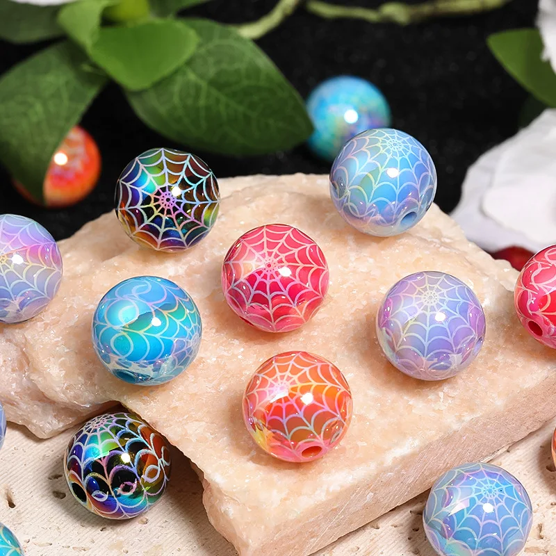 Trendy New AB Colors Round Acrylic Gumball Beads With Spider Web Painting Ornament Accessories Gumball Necklace DIY 16mm 100pcs