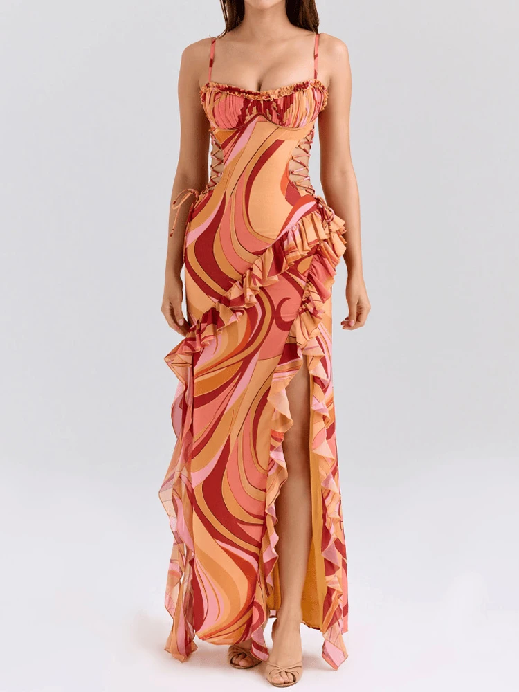 Vestido de fiesta bohe ajustado con estampado de patrón de moda para mujer, vestidos largos sexis con volantes y espalda descubierta, vestido elegante sin mangas con hombros descubiertos y tirantes