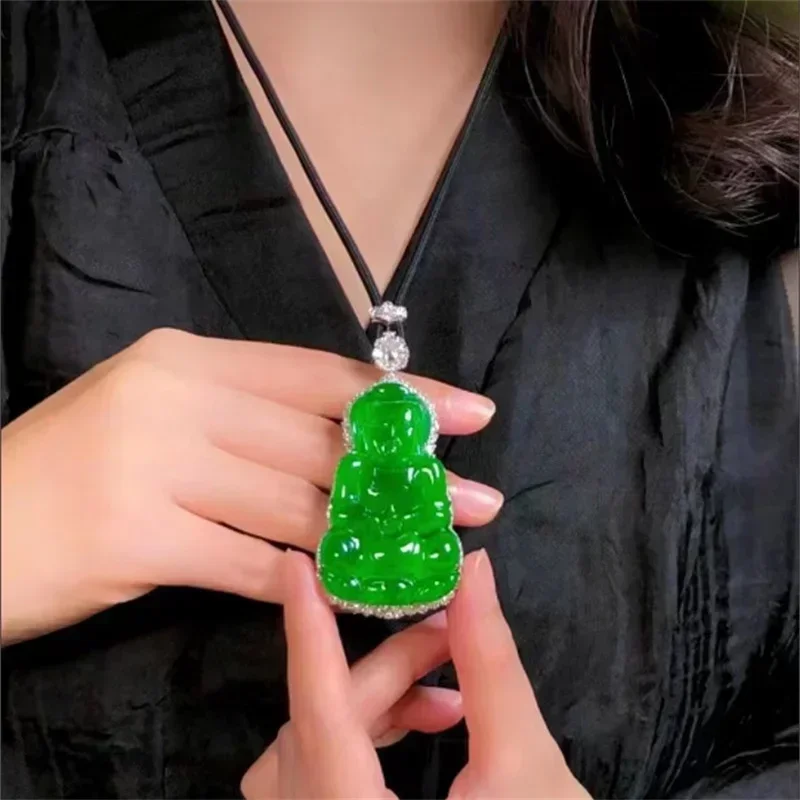 

MaiChuang/ Jade Yang Green Guanyin Silver Inlay Emerald Necklace Pendant Fashion Elegant Personality Jewelry MenWomen CoupleGift