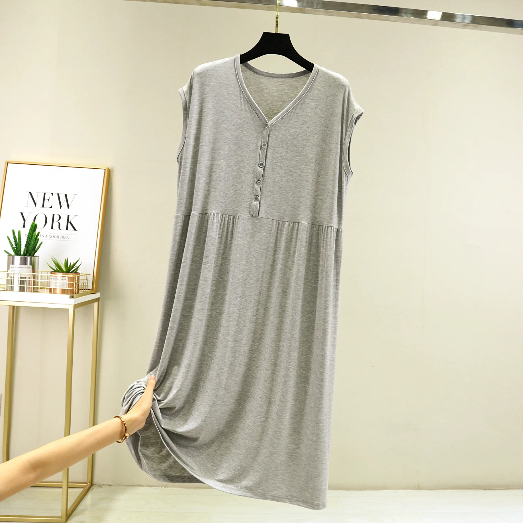 Summer Modal V-Neck Sleeveless Dress Loose Bottoming dresses Casual homewear Buttons sleepdress