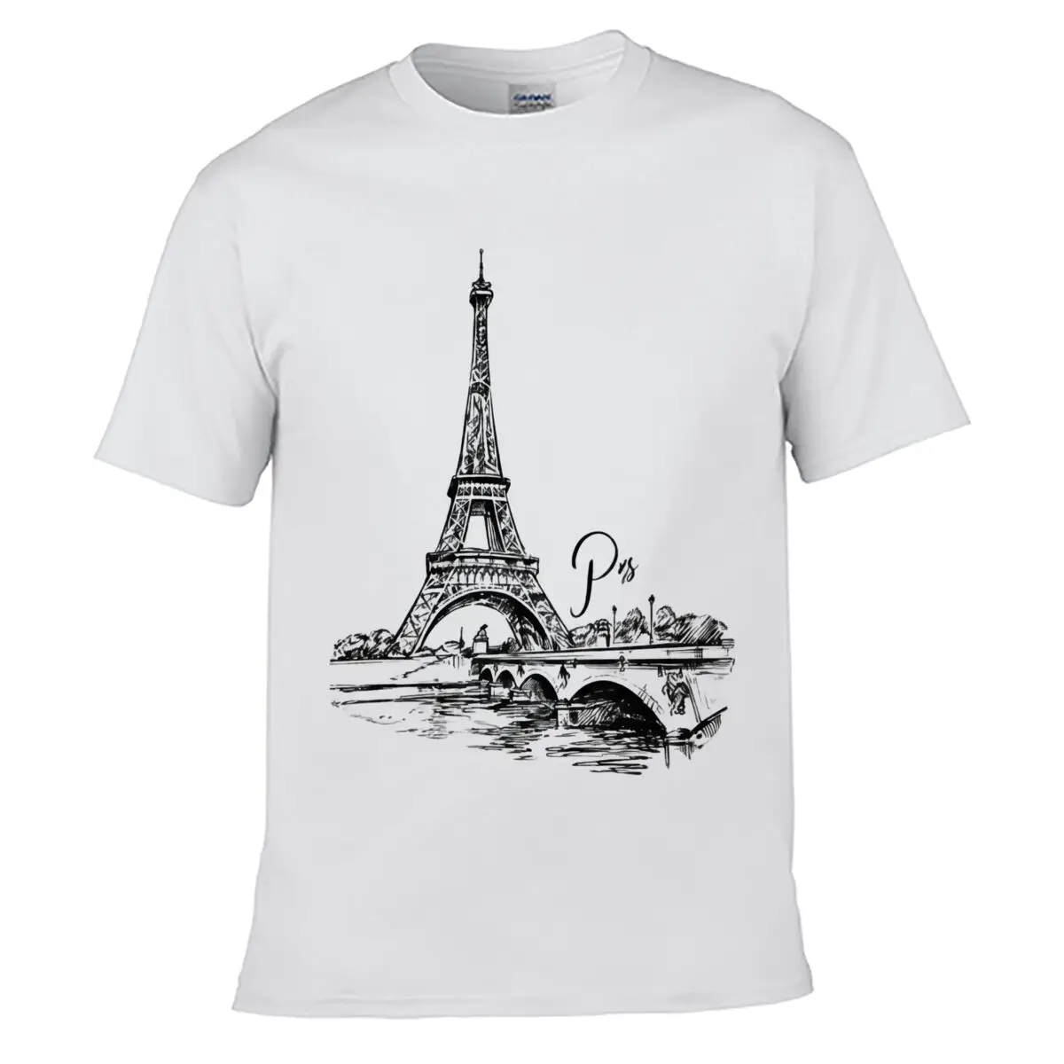 Paris Eiffel Tower Bridge River Sketch short-sleeved T-shirt Streetwear Top