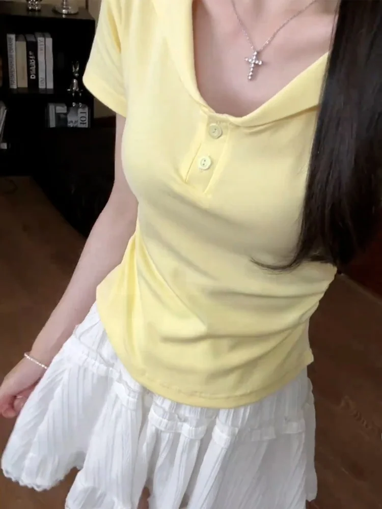 Dopamine Yellow  Shirt Short Sleeve Women's T-Shirt Waist-Cinching Summer Beautiful Small Top Korean Style Slim Fit