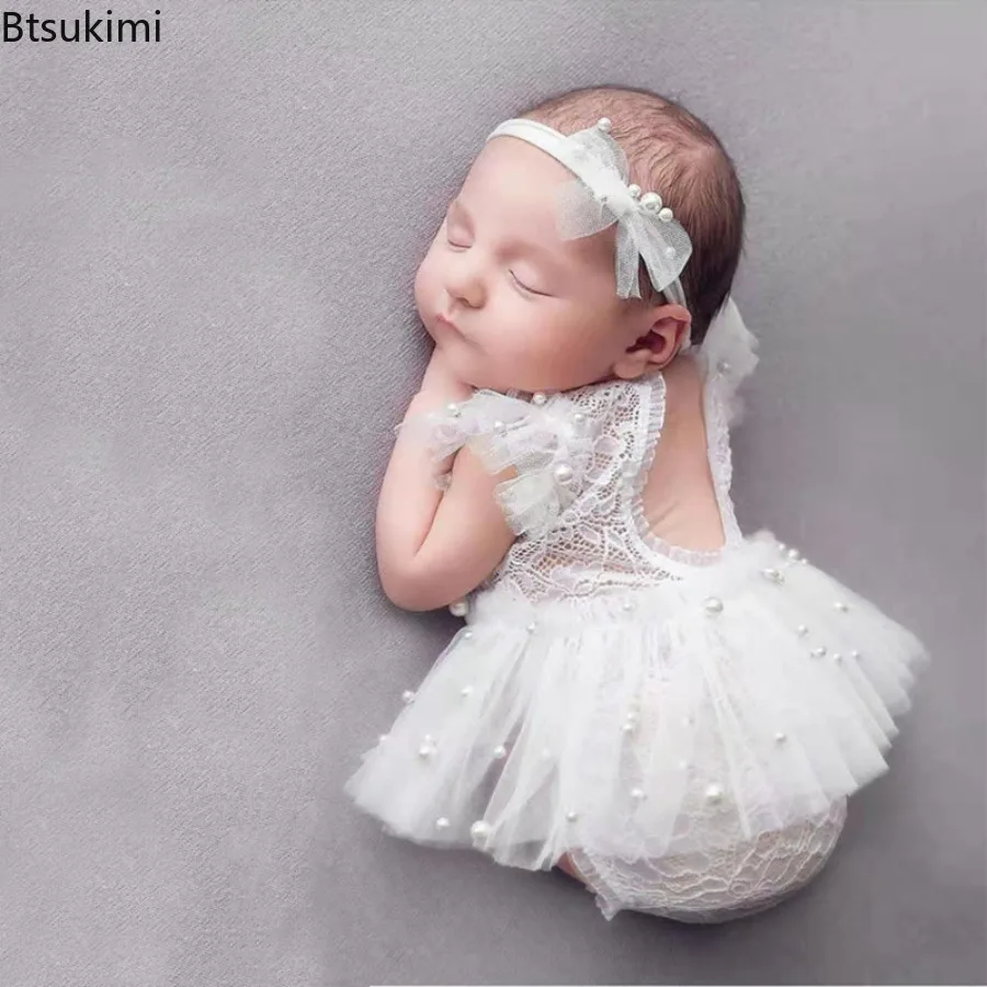 Lace Romper Newborn Photography Props Dress Girl Accessories Headband Photo Suit Baby Costume Infant Birth Outfit Summer 0 Month