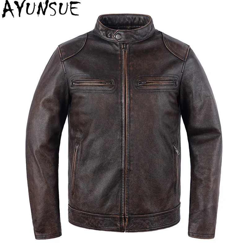 AYUNSUE Men's Short Stand‑Collar Genuine Leather Jacket Vintage Distressed Top‑Grain Cowhide Slim Fit Motorcycle Coats Outerwear